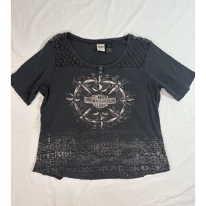 Harley Davidson black with Eyelet lace and bleached effect shirt top Size 2XL
